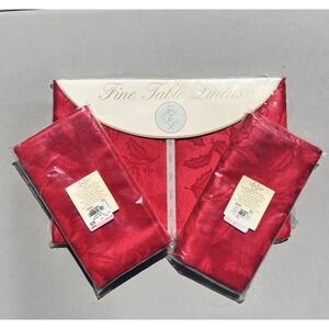 Lenox Holiday Holly Tablecloth Red Jacquard 8 Napkins Christmas 52x52